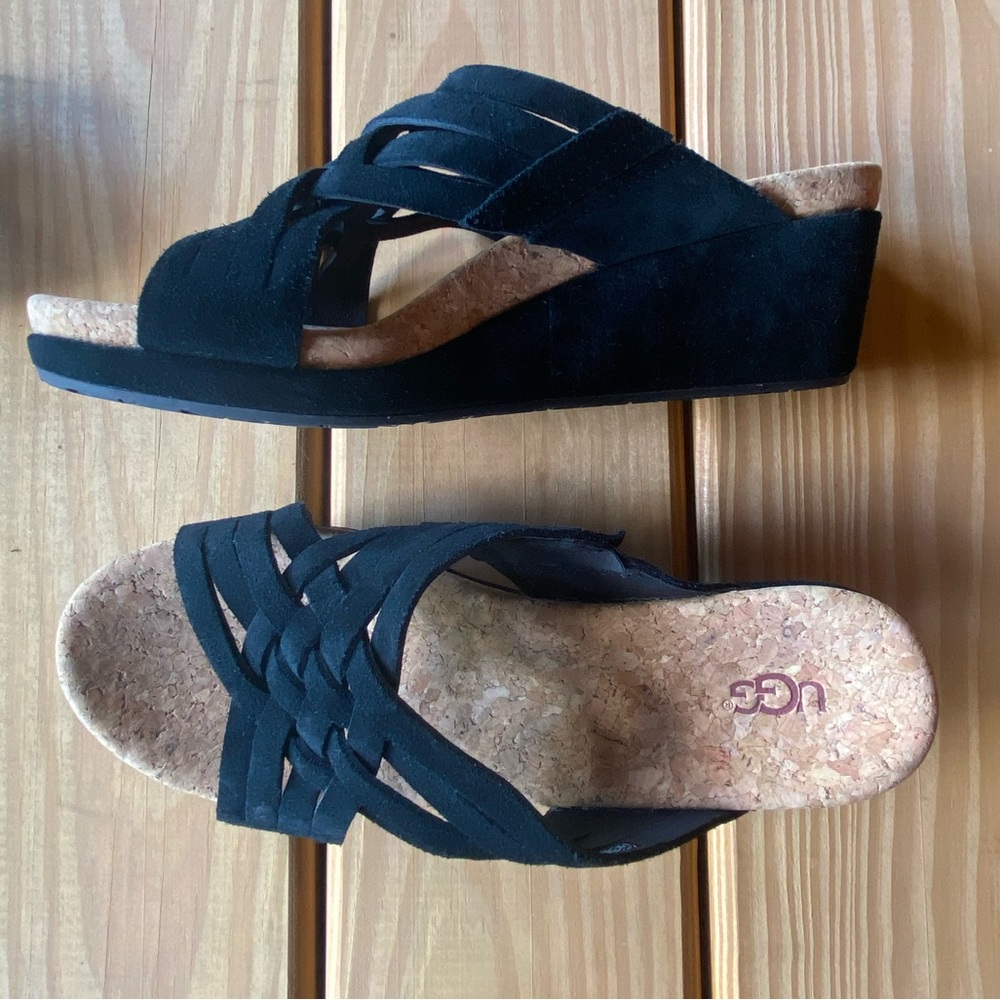 UGG Sandals, Black Suede and Cork,